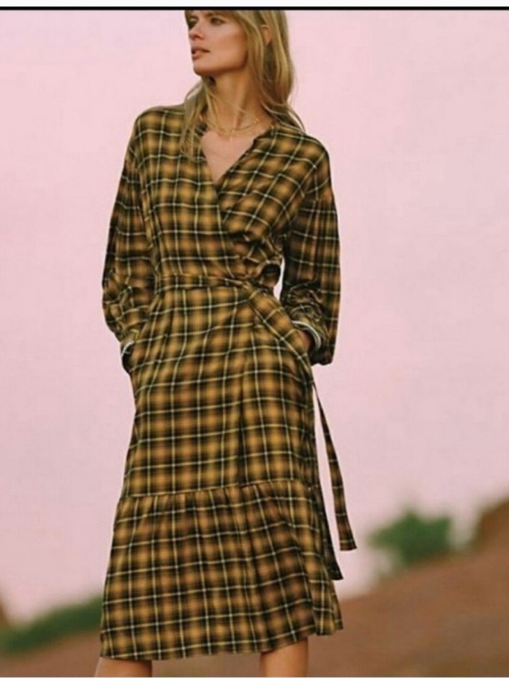 Anthropologie Yellow and Black Plaid Maxi Wrap Dress - Picture 3 of 12